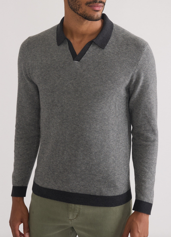 Liam Long Sleeve Sweater Polo - Black Oyster/Pearl Grey