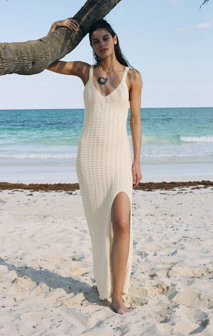 Eleena Knit Crochet Midi Dress - Sandstone